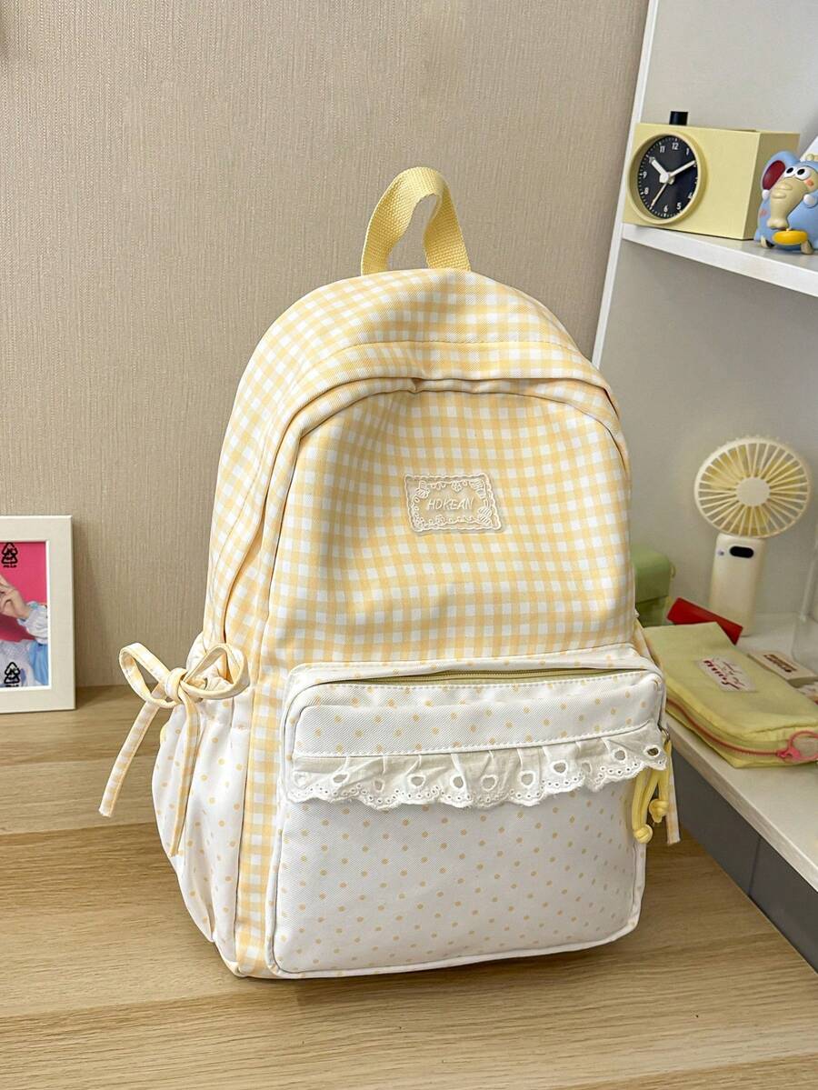 Tas Ransel Mini Polkadot Motif Gingham dengan Hiasan Renda dan Pita Samping, Tas Pelajar dengan Tas Mini untuk Perjalanan Sehari-hari & Kembali ke Sekolah, Bepergian - MultiWarna - View 1