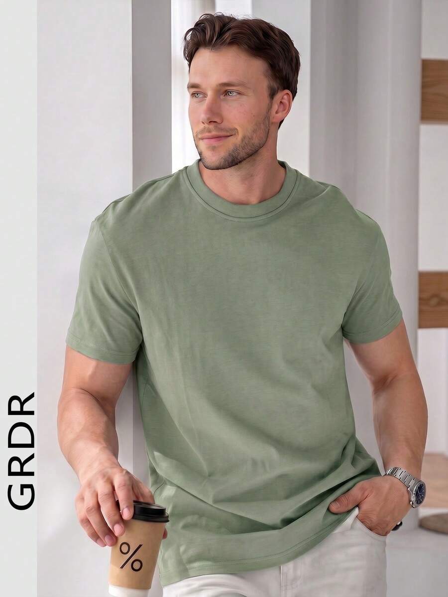 GRDR Men's Retro Minimalist Solid Color Washed Short Sleeve T-Shirt, Suitable For Summer Wear, Comfortable & Breathable, Leading Fashion - Mint Green - View 1