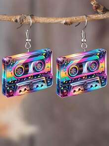 1 par de pendientes acrílicos con diseño 2D de guitarra y cinta de casete de colores - Estilo retro hip-hop, adecuados para festivales de música y fiestas, regalo perfecto para fans, pendientes novedosos - Multicolor - Ver 12