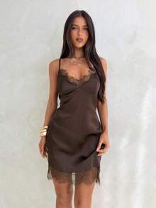 Nuevo elegante y sexy vestido de satén marrón con ribete de encaje, adecuado para festivales de música, fiestas y bodas en primavera/verano - Albaricoque - Ver 2
