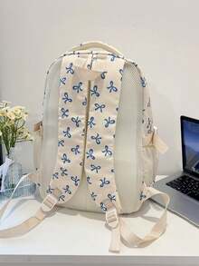 3pcs Nylon Bow Print Backpack Set, Foldable Multi-Po Cket Large CapacityWater-Resistant Zipper Backpack Suitable F Or Teenagers, High School - Blue - View 9