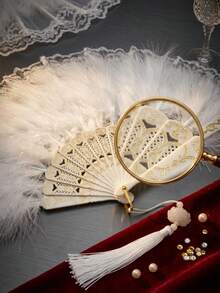 1pc Luxury Plush Feather Hand Fan, Suitable For Wedding/Bachelorette Party/Halloween/Themed Party, Performance And Cosplay Accessory - Multicolor - View 4