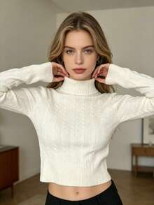 Women's White Cropped Long-Sleeved Blouse With A Ribbed Braid Pattern, Round Neck, And Soft Fabric With Medium Stretch. - White - View 2