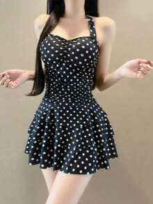 Red Polka Dot Retro Halter Neck One-Piece Swimsuit. A Body-Shaping Swimsuit That Enhances The Bust And Features An Open Back, Perfect For Hot Springs, The Beach, And Everyday Wear. - Multicolor - View 6