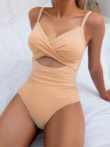 Swim Basics Traje de baño de una sola pieza de mujer con espalda descubierta, cortes y detalles de atadura en la parte delantera, para el verano - Naranja - Ver 1