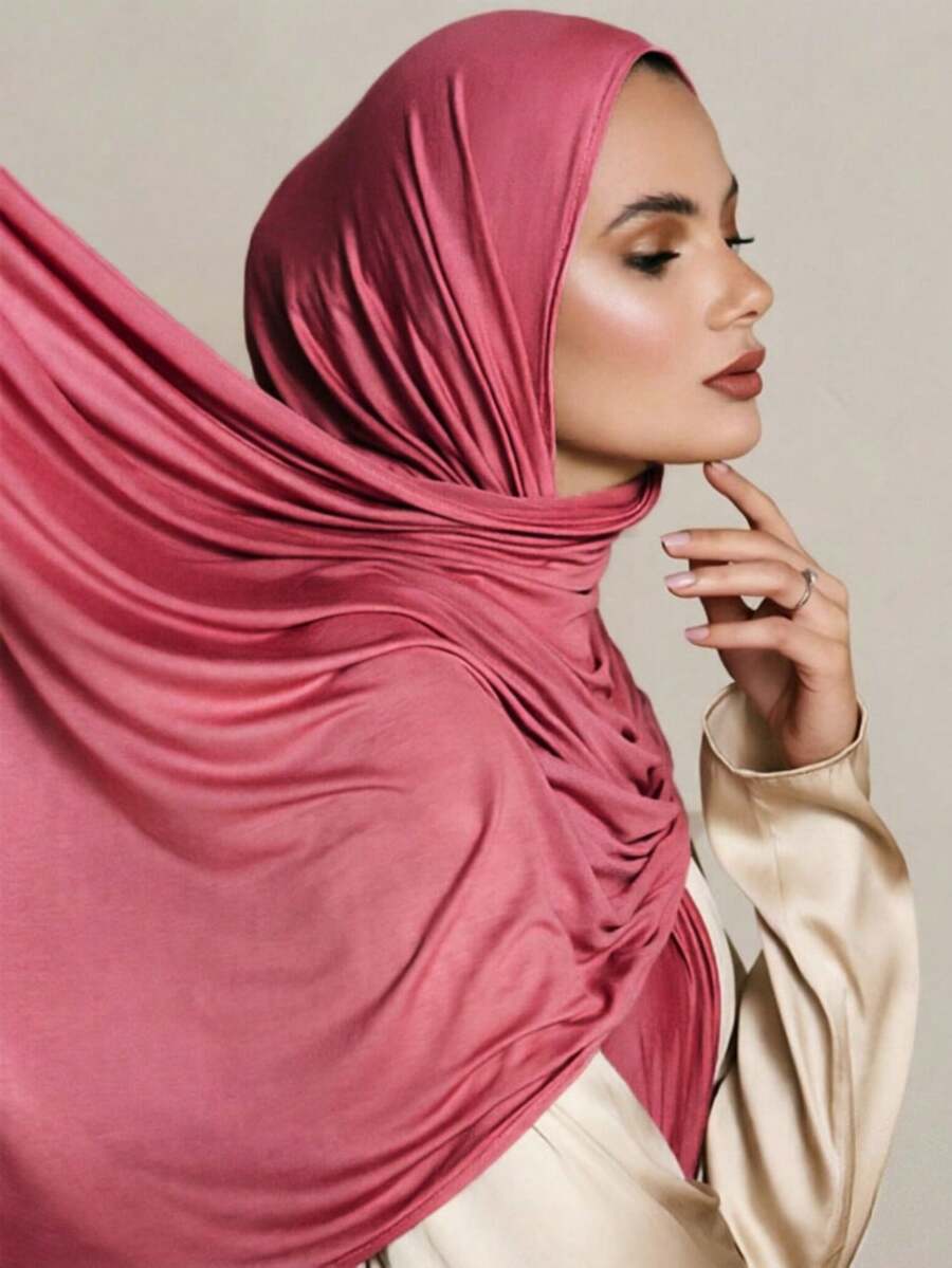 1pc New Style Large Size Jersey Hijab Shawl Soft Casual Solid Color Women Scarf - Rust Red - View 1