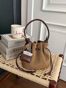 Summer Large Capacity Handbag Casual Hollow Straw Woven Bag Pastoral Artistic Handbag Beach Vacation Sand Bucket Shoulder Bag - Khaki - View 8