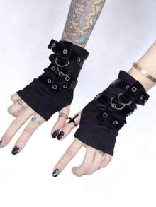 1 par de mangas para brazos estilo Y2K original para chica, subcultura Harajuku, con correa de metal, media falange, estilo Street Punk gótico para baile + equipo de invierno + guante oso + Navidad - Negro - Ver 1