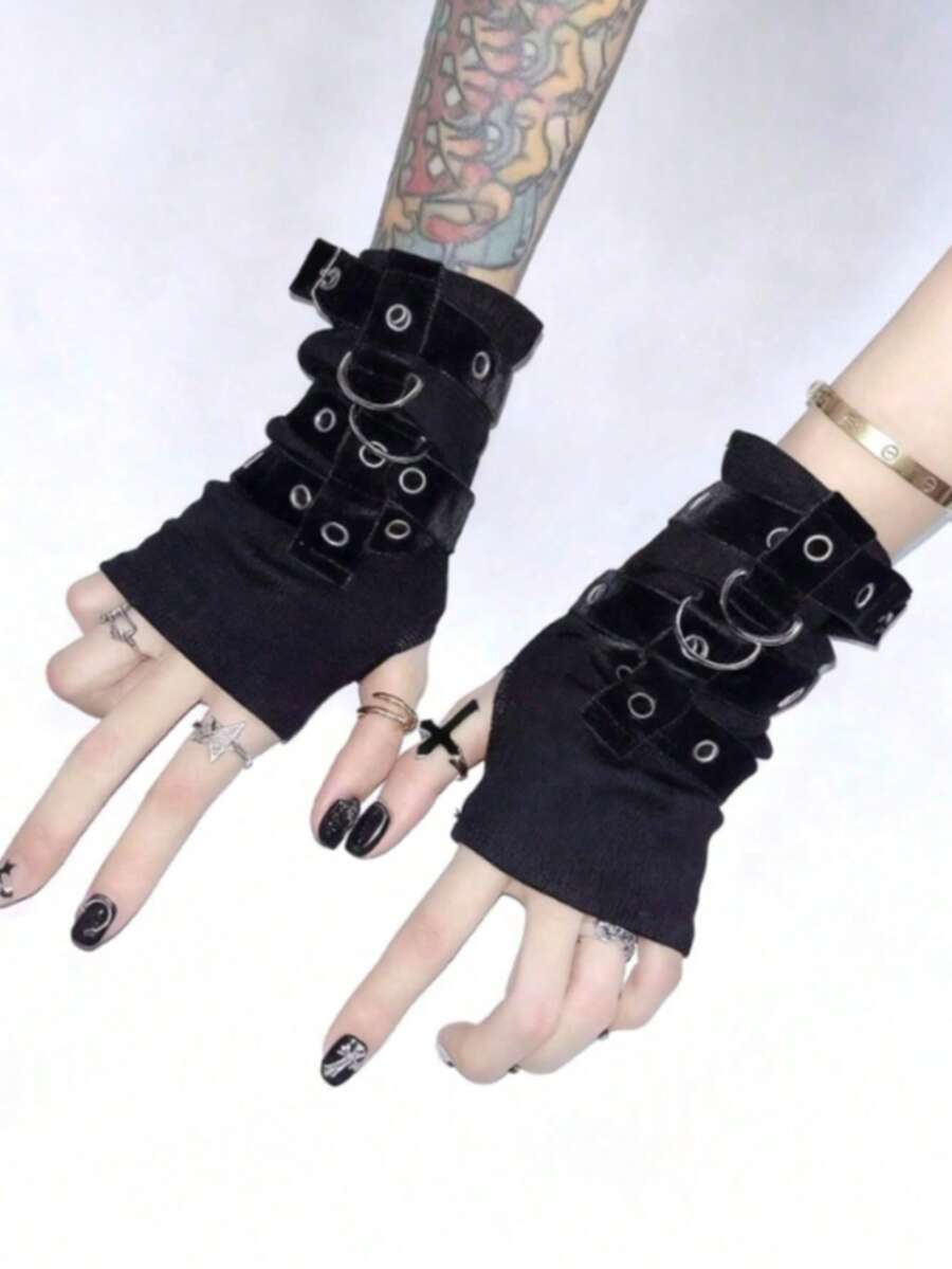 1 par de mangas para brazos estilo Y2K original para chica, subcultura Harajuku, con correa de metal, media falange, estilo Street Punk gótico para baile + equipo de invierno + guante oso + Navidad - Negro - Ver 1