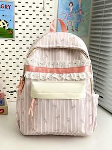 Cute Bow Striped Backpack, Ultra-Light Teen Student School Bag, Women's Casual Daily Commute Backpack, Back To School Season - Multicolor - View 14