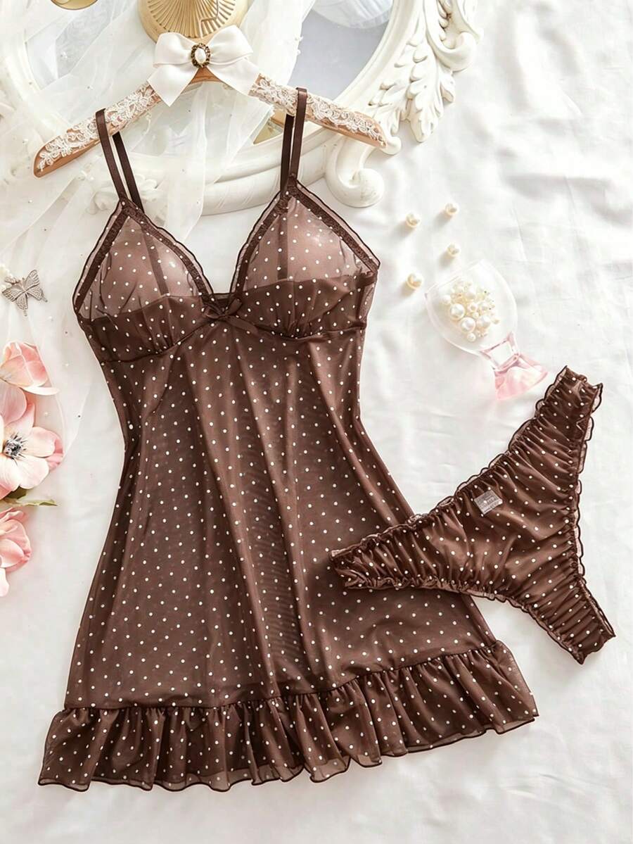 2件組波點性感女款網紗睡裙套裝，吊帶洋裝套裝（含內褲）