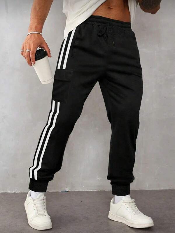 Men's Black Striped Cargo Joggers, Casual Outdoor Sports Drawstring Elastic Waist Sweatpants