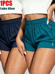 Women's High-Waist 3/4 Shorts, Casual Outdoor Quick-Dry Shorts With Elastic Waistband, Drawstring For Adjustable Fit, Metal Zipper Pull Sports - Royal Blue - View 3