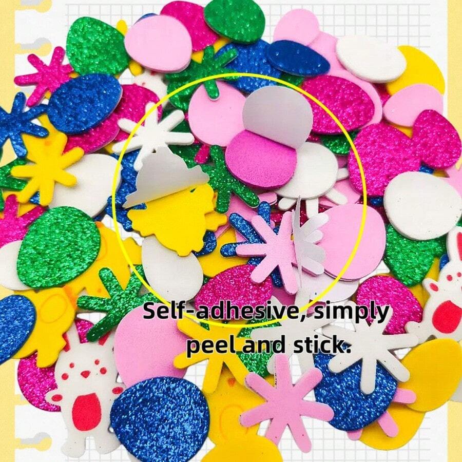 120pcs Easter Foam Stickers - Includes Designs Of Colorful Eggs, Rabbits, Chicks And Flowers, Suitable For Crafts, Greeting Cards And Home Party Decorations. Can Be Applied To Plastic, Glass, Fabric, Metal And Ceramic Surfaces. - A - View 1