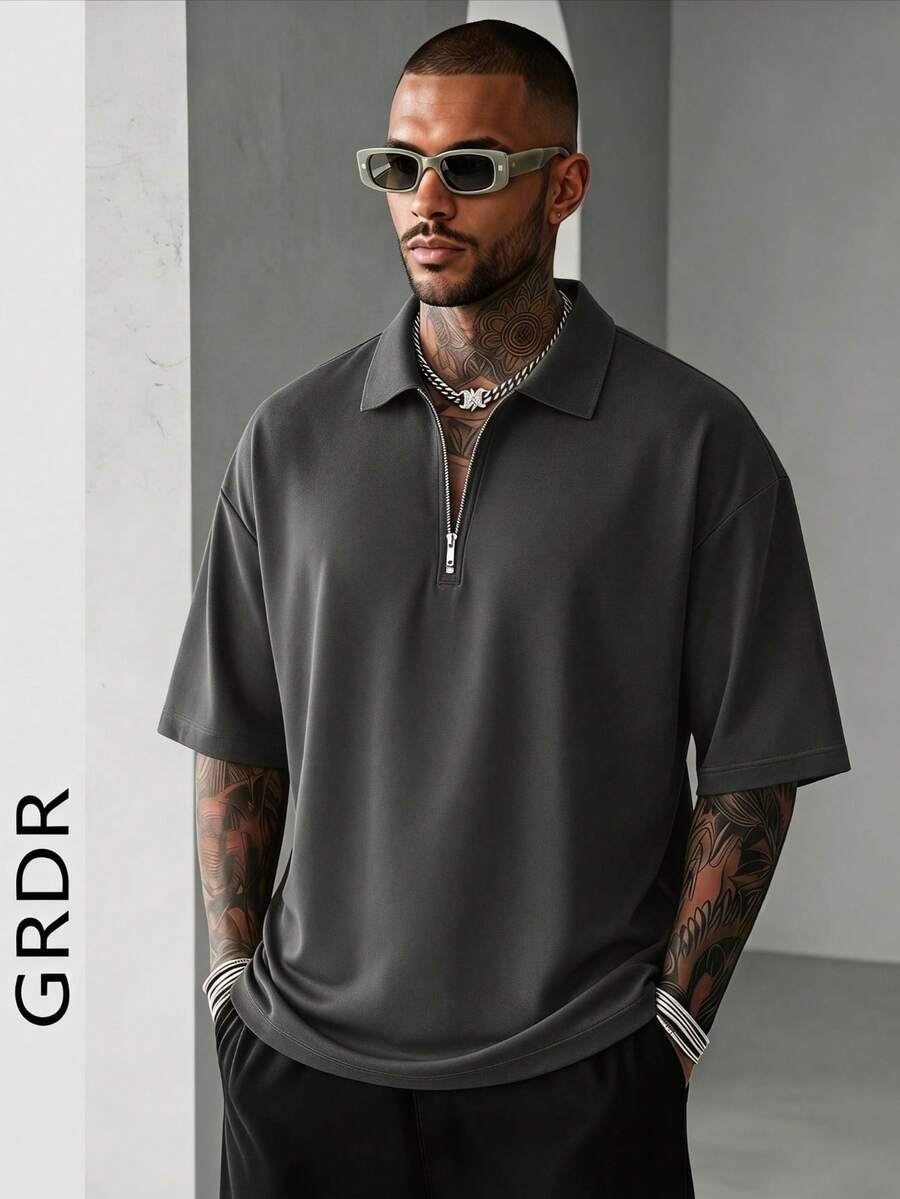 GRDR 男士夏季半拉链 Polo 衫,纯色经典短袖,适合户外休闲穿着 - 深灰色 - 查看 1