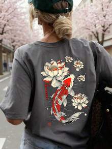 Camiseta de mujer de manga corta con cuello redondo y gráfico de letras, estilo casual y versátil para vacaciones, elegante para el verano y uso diario, color negro - Gris Oscuro - Ver 1