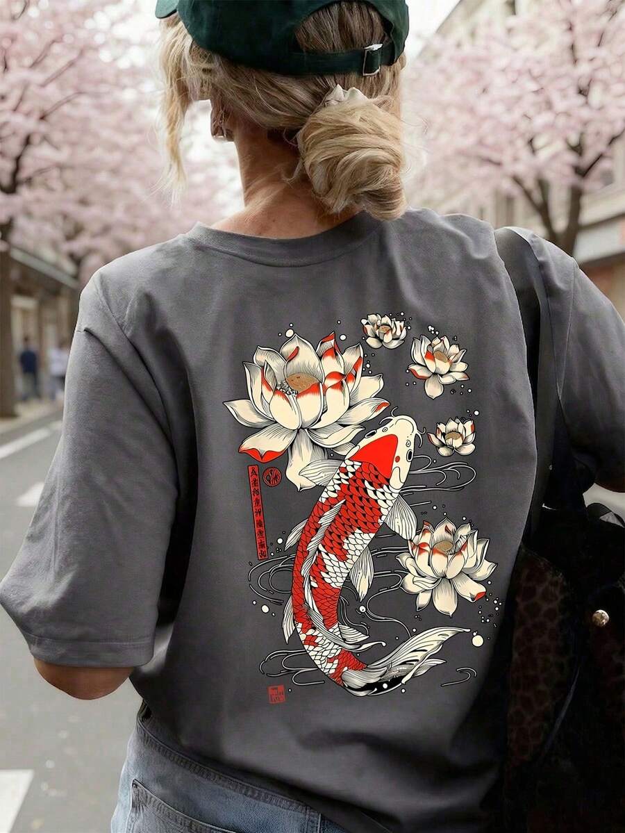 Camiseta de mujer de manga corta con cuello redondo y gráfico de letras, estilo casual y versátil para vacaciones, elegante para el verano y uso diario, color negro - Gris Oscuro - Ver 1