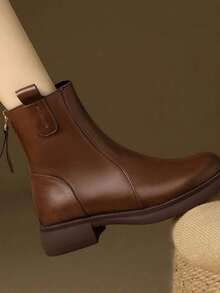 Women's Ankle Boots Autumn/Winter New British Style Low Heel Leather Chelsea Boots Vintage Back Zipper - Brown - View 3