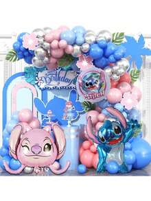 85pcs Stitch Theme Party Decoration Set, Includes Stitch Foil Balloons, Blue & White Gradient Balloon Arch, Blue Sequin Backdrop Curtain, Stitch Theme Tablecloth And Hanging Decorations, Decorative Backdrop, Suitable For Birthday Party, Theme Party - Multicolor - View 5