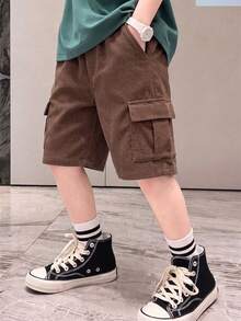 Boys' Dark Brown Corduroy Cargo Shorts, Summer Multi-Pocket Mid-Length Casual Pants, Big Kids - Brown - View 3