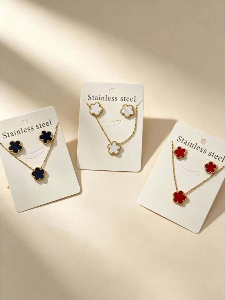 3pcs/Set Minimalist Five-Petal Flower Jewelry Set, Including Necklace, Earrings And Bracelet. Suitable For Party, Vacation, Gift And Daily Wear.