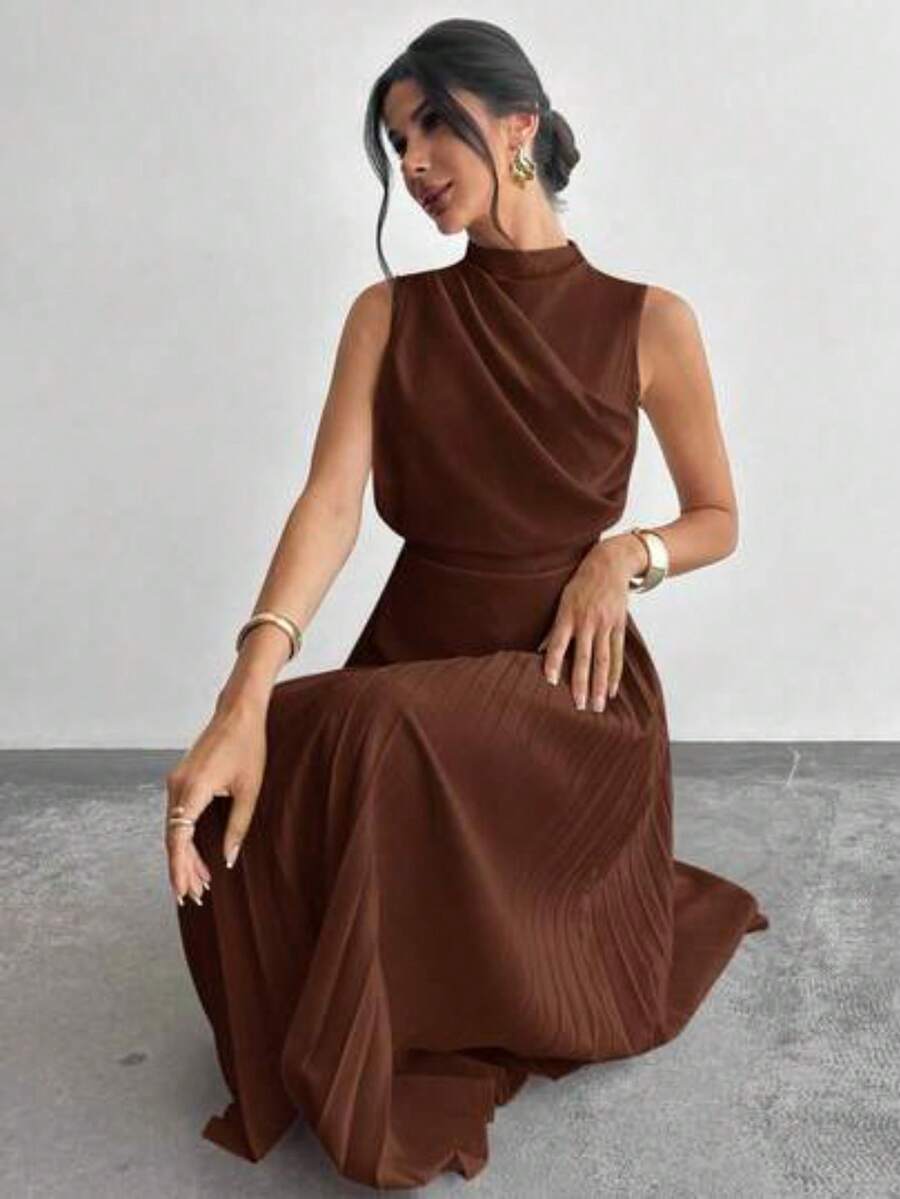 Vestido de línea A con cuello swing, sin mangas y con volantes/Falda paraguas/Ropa de vuelta al colegio/Ropa escolar/Fiesta/Estilo de mujer d - Marrón - Ver 1