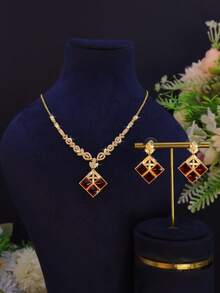 3pcs 18K Gold Plated Luxury Royal Style Square Design Women's Party Set, Handmade Inlaid Red Cubic Zirconia, Includes Necklace And Earrings, Suitable For Daily Wear, Party, Wedding Anniversary Gift - Square Design Set - View 2