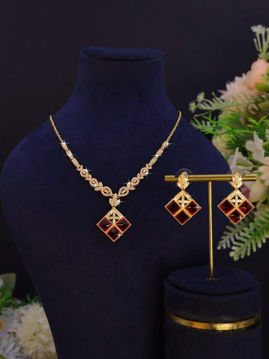 3pcs 18K Gold Plated Luxury Royal Style Square Design Women's Party Set, Handmade Inlaid Red Cubic Zirconia, Includes Necklace And Earrings, Suitable For Daily Wear, Party, Wedding Anniversary Gift