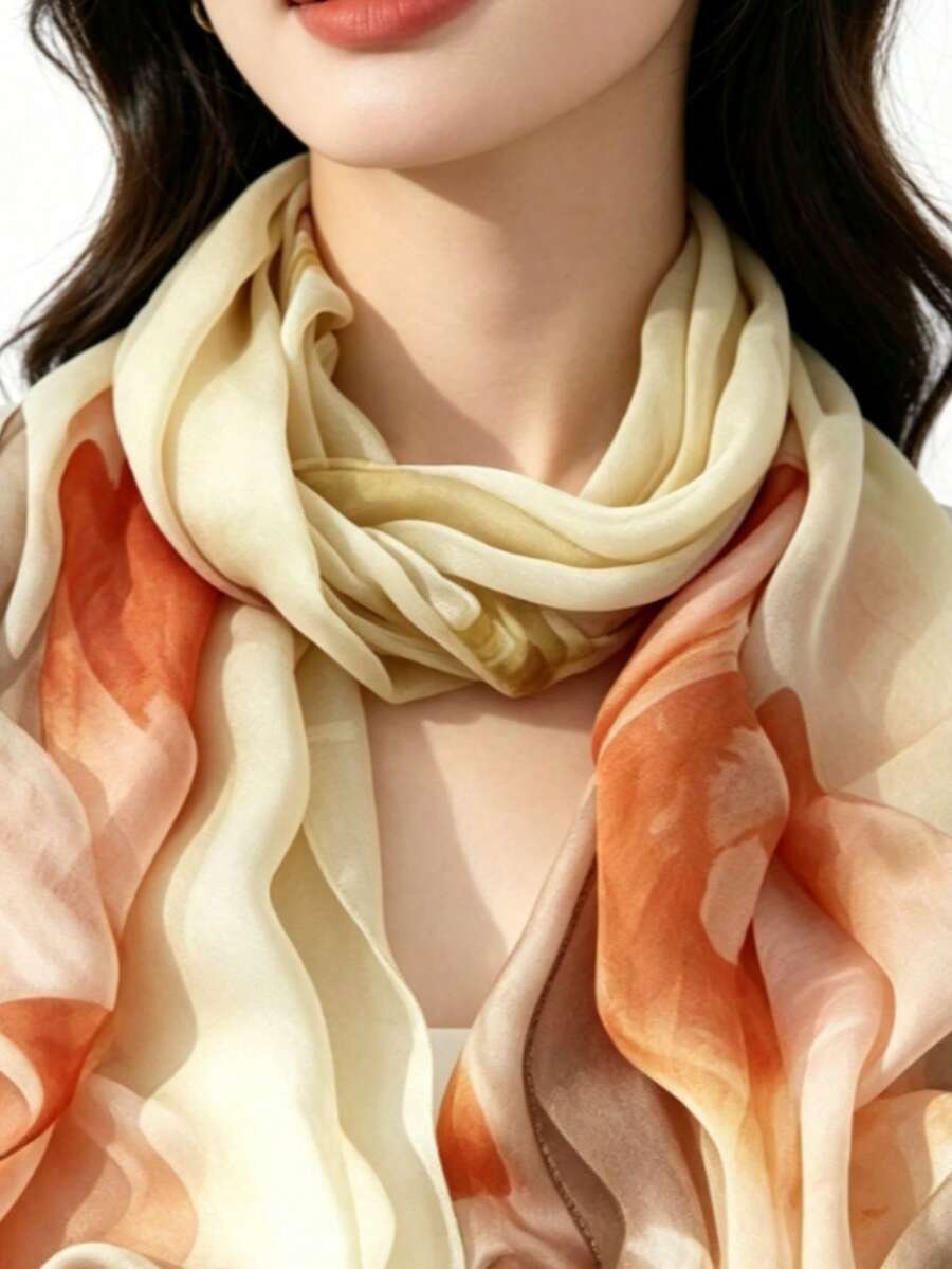 1pc New Fashionable Novel Chiffon Scarf, Thin Sun Protection Long Strip Scarf, Various Different Patterns Available, Gradient Print Beach Towel Gift Gauze Scarf Ribbon, First Choice For Travel, Vacation, And Sightseeing - Multicolor - View 1