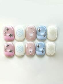 10pcs Sweet Dot Star Nails In Pink-Blue-White Palette, Decorated With Metal Stars, Swirl Lines, Beads And Micro Dots. Glossy And Reusable, Delicate Soft-Style Nail Set. Handmade Press On Nails - Multicolor - View 1
