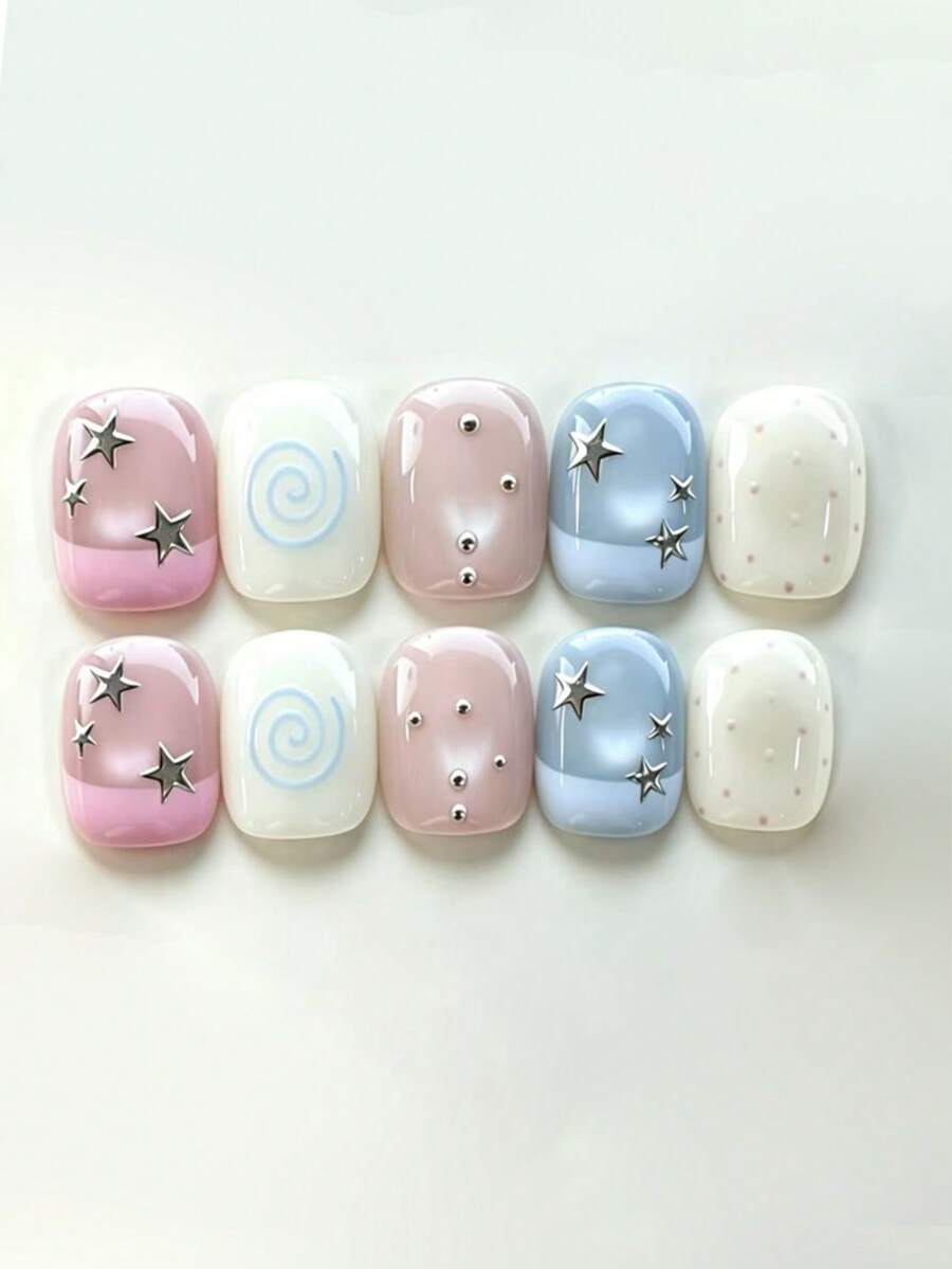 10pcs Sweet Dot Star Nails In Pink-Blue-White Palette, Decorated With Metal Stars, Swirl Lines, Beads And Micro Dots. Glossy And Reusable, Delicate Soft-Style Nail Set. Handmade Press On Nails - Multicolor - View 1