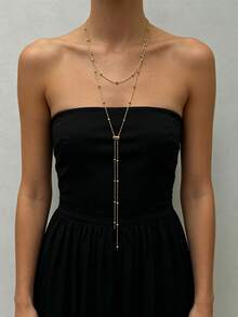 1pc Gold Stainless Steel 18K Gold Plated Beaded Chain Long Necklace For Women, Multiple Wearing Styles, Adjustable Drawstring Design, Suitable For Daily Decoration, Street Style, Influencer Outfit, Party, Date, Layering - Gold - View 4