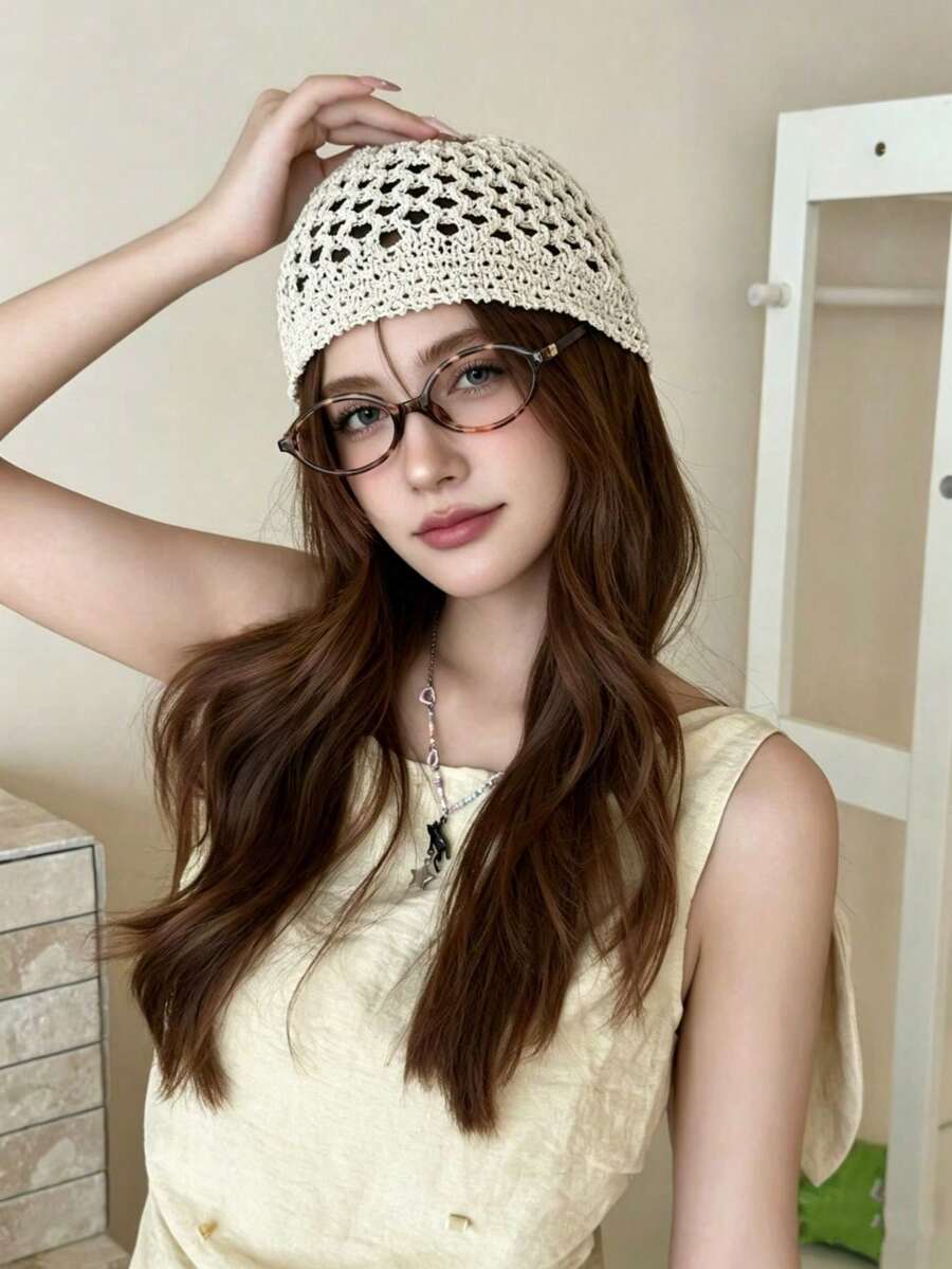 1pc Women's Y2K Cute Casual Fashion Handmade Crochet Hollow Knit Bucket Hat, Suitable For Outdoor, Photography And Daily Wear - Multicolor - View 1