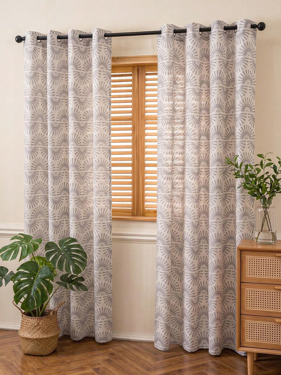1pc Bohemian Country Vintage Wavy Print Curtain, Unique Cottage Decor Window Treatment - Grey - View 1