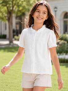 Girls' White Ruffle Collar Textured Fabric Blouse, Suitable For Spring/Summer, School, Daily Wear, Parties And Photos - White - View 4