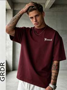 GRDR Men's Retro American Style Minimalist Letter Washed Round Neck Short Sleeve T-Shirt, Comfortable & Breathable For Summer - Burgundy - View 4