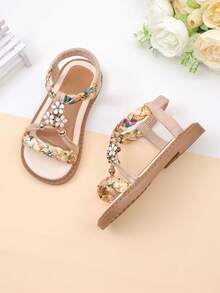 1 Pair Girls' Colorful Woven Open Toe Sandals With Elastic Back Strap Flat Design Suitable For Vacation And Other Occasions - Beige - View 7