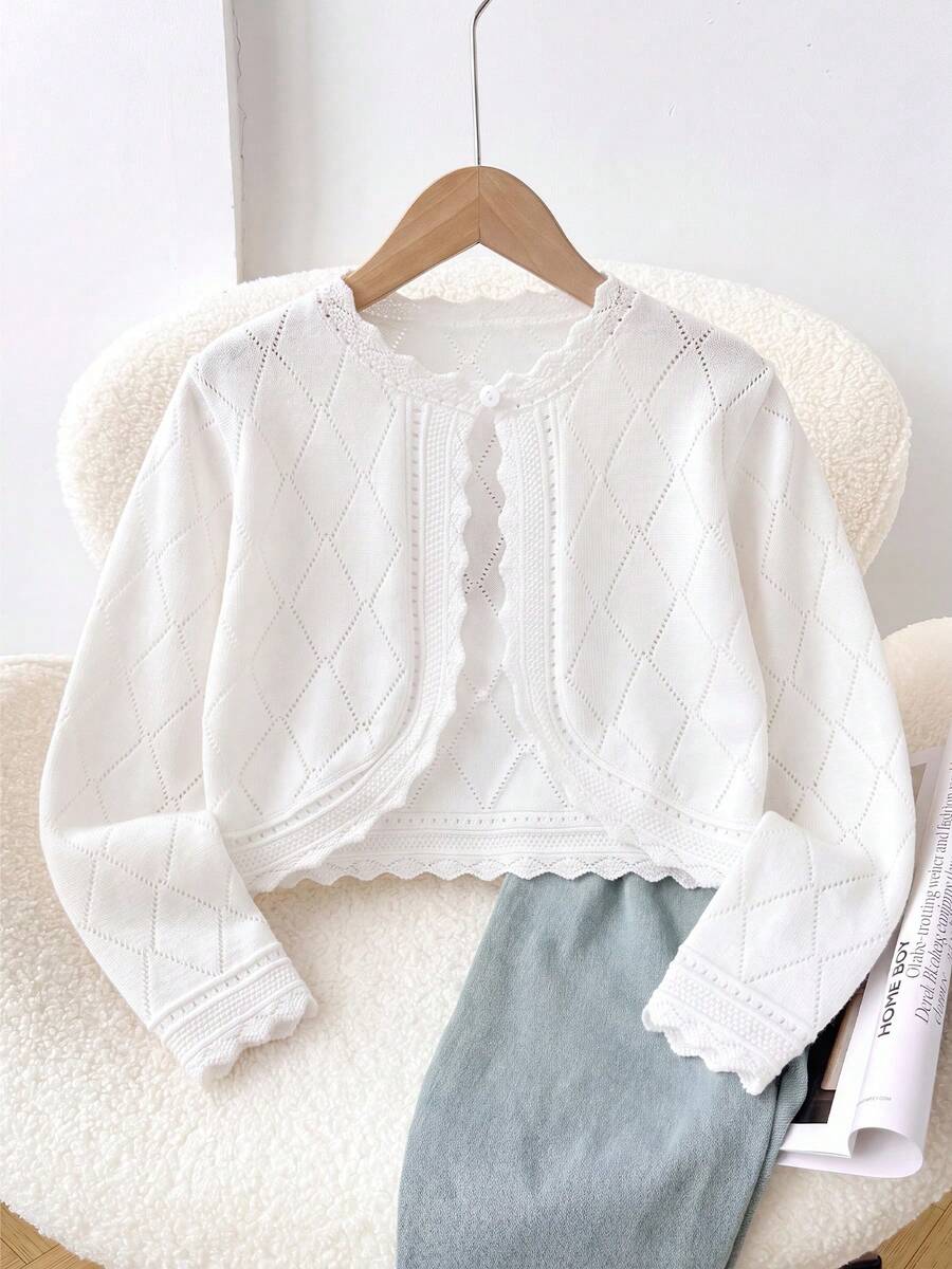 Áo khoác cardigan dệt kim mùa xuân thanh lịch dành cho bé gái, thiết kế khoét rỗng, họa tiết hình thoi và viền ren, mềm mại và ngọt ngào, phù hợp cho mặc hàng ngày hoặc đi chơi. - trắng - Xem 1