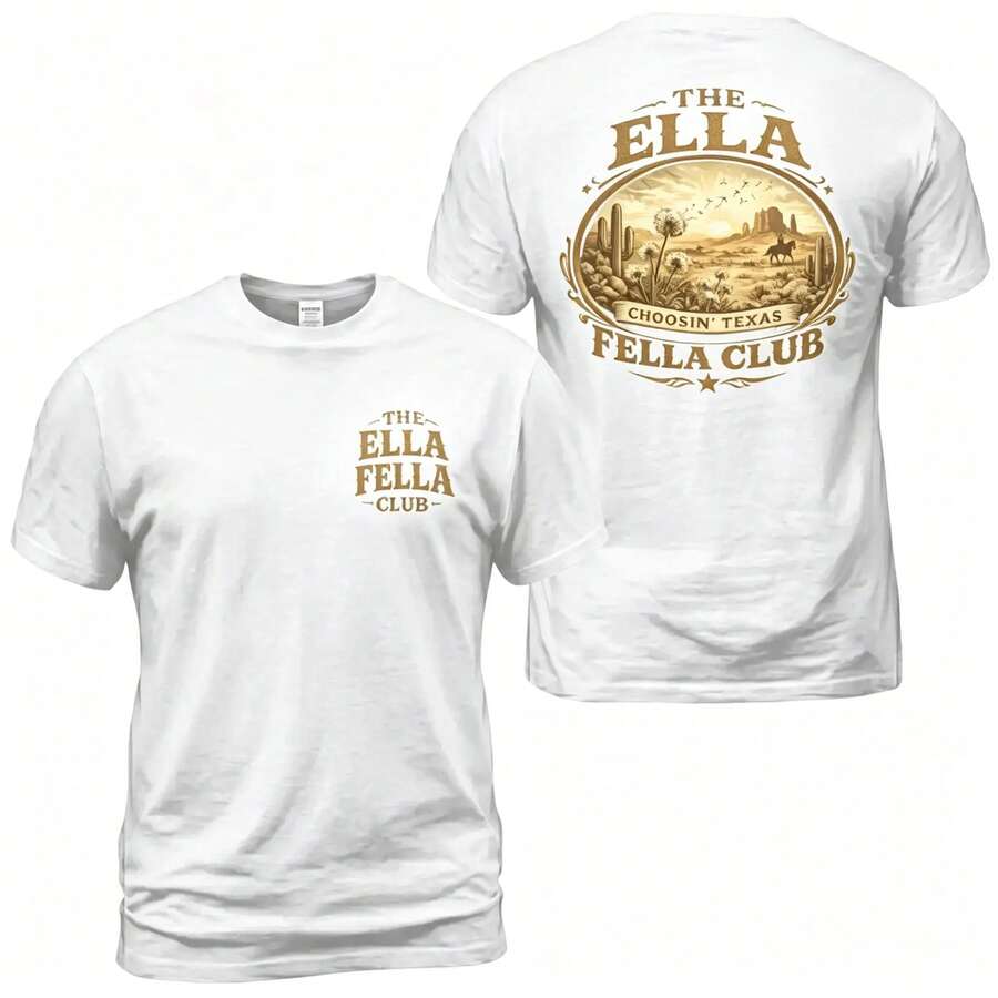 Ella Fella Club T-Shirt, West Texas Graphic Print T-Shirt, Desert Cowboy Landscape Back Print T-Shirt, Vintage Ranch Style Clothing - 白色 - 查看 1