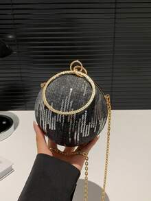 Round Ball Clutch Bag, Sequin Wave Pattern, Rhinestone Round Handle, Detachable Chain Shoulder Strap, Crossbody & Hand-Carry, Suitable For Women's Party, Ball, Wedding, Summer - Black - View 3