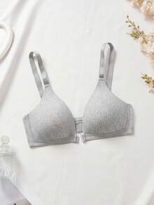 1pc Women's V-Neck Comfortable Wireless Front Closure Soft Cup Cotton Solid Color Bra With Adjustable Straps - Grey - View 8