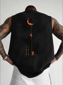 Men's Summer Fashion Versatile Minimalist Moon Print Crew Neck Tank Top - Black - View 1