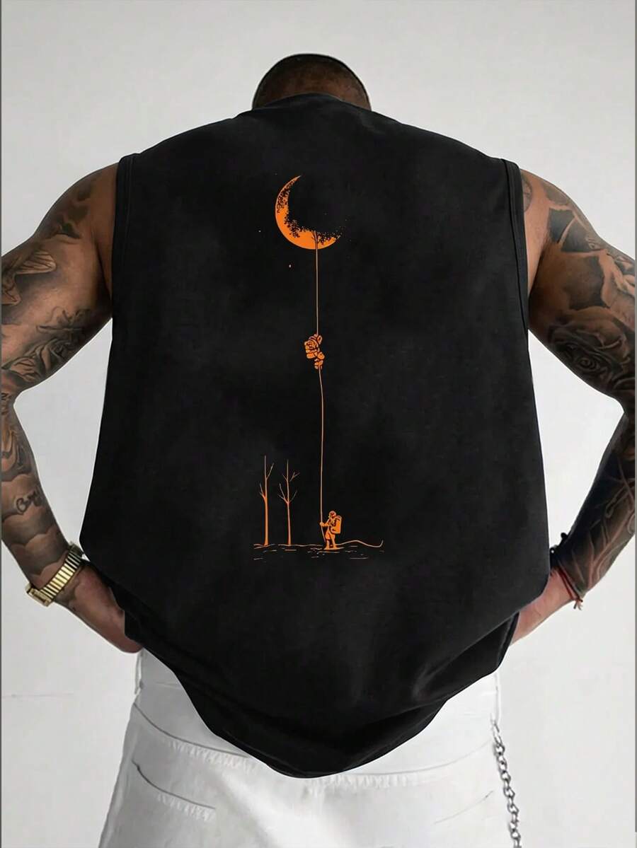 Men's Summer Fashion Versatile Minimalist Moon Print Crew Neck Tank Top - Black - View 1