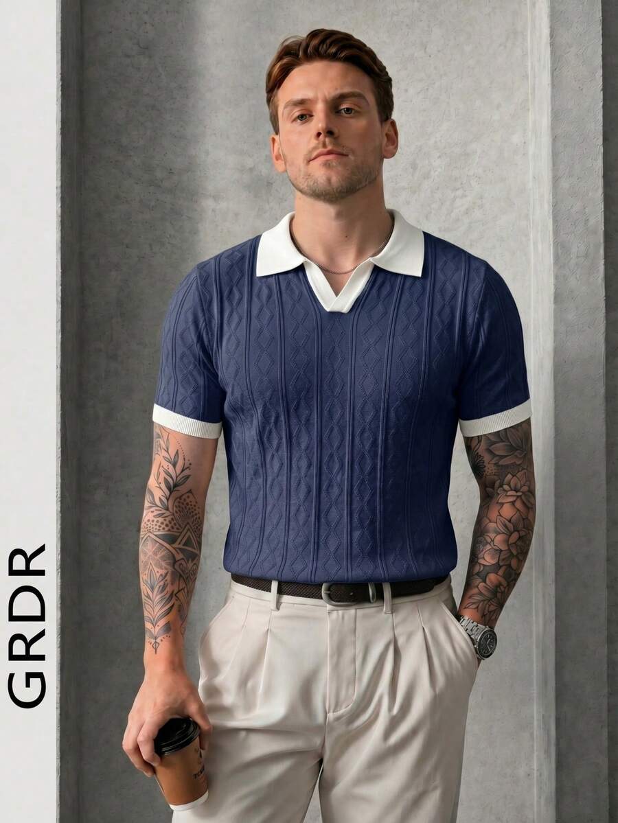 GRDR 男士春夏翻领短袖菱格纹拼接修身休闲时尚针织Polo衫 - 藏蓝色 - 查看 1