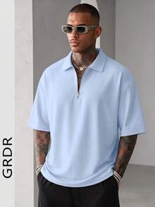 GRDR 男士夏季半拉鍊 Polo 領短袖 T 恤，純色經典款，適合戶外休閒穿著 - 淺藍色 - 查看 4