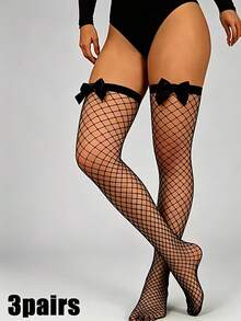1/3 Sets New Unique Women's Bow Mesh Stockings - Slim Fit Mesh Over-The-Knee Socks - Long-Lasting Socks Suitable For Daily Wear - Black - View 8