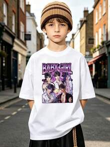 Camiseta de manga corta con cuello redondo informal y suave de verano para niño Estampado Patrón Girl,Adecuado para uso diario y actividades al aire libre.White - Negro - Ver 1