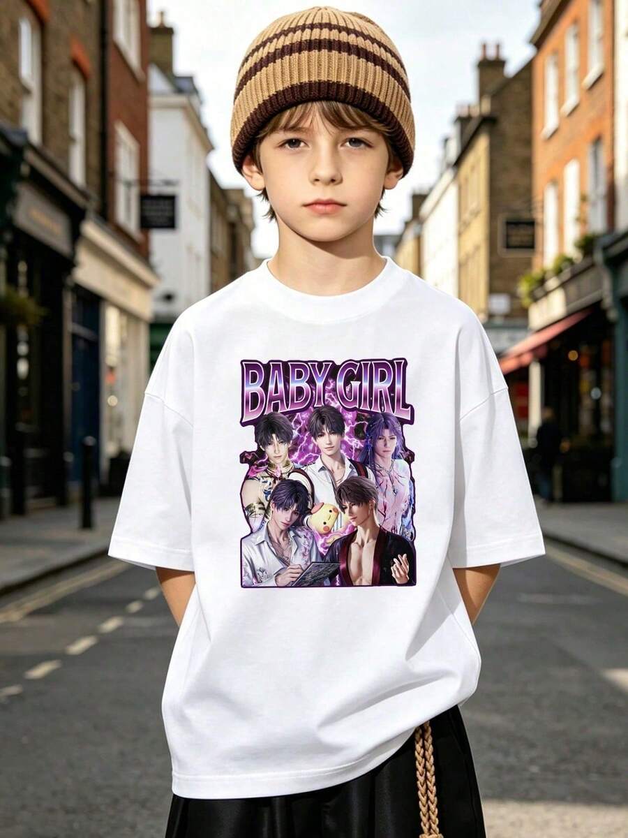 Camiseta de manga corta con cuello redondo informal y suave de verano para niño Estampado Patrón Girl,Adecuado para uso diario y actividades al aire libre.White - Negro - Ver 1