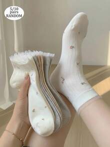 5雙新款女款短踝襪，舒適森林風中筒襪，可愛花卉圖案襪子，適合四季穿著，隨機配色 - 彩色 - 查看 2