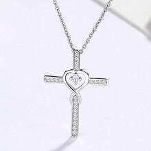 1PC Silver Intertwined Heart & Cross Titanium Steel Rhinestone Necklace, Anti-Oxidation Non-Fading Delicate Collarbone Chain, Versatile Accessory For Summer Date, Commute, Vacation, Valentine's Day Birthday Gift For Girlfriend And Best Friend - Silver - View 2